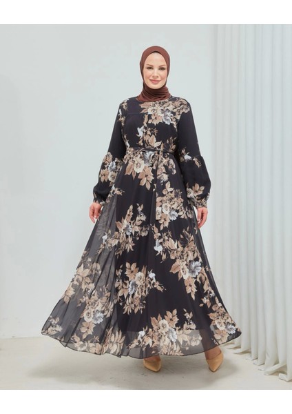 Yaprak Desenli Zarif ve Şık Uzun Boy Büyük Beden Astarlı Şifon Elbise fırsatları