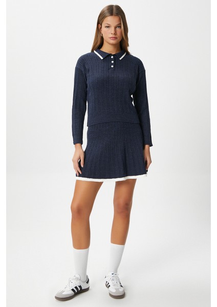 Kadın Mia Polo Yaka Lacivert Şeritli Kazak Etek Triko Alt Üst Takım