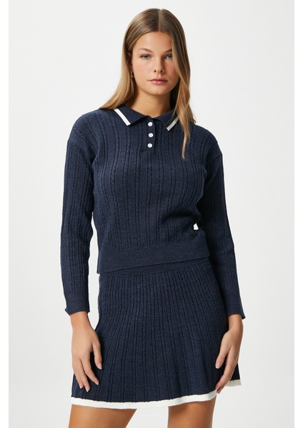 Kadın Mia Polo Yaka Lacivert Şeritli Kazak Etek Triko Alt Üst Takım modelleri