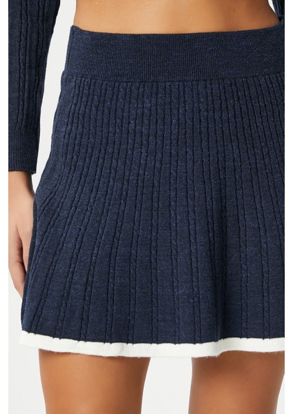 Kadın Mia Polo Yaka Lacivert Şeritli Kazak Etek Triko Alt Üst Takım