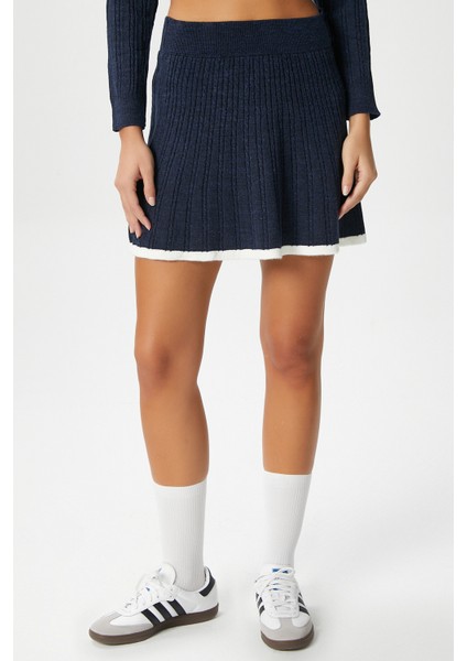 Kadın Mia Polo Yaka Lacivert Şeritli Kazak Etek Triko Alt Üst Takım