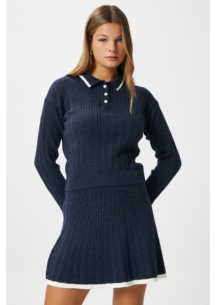 Kadın Mia Polo Yaka Lacivert Şeritli Kazak Etek Triko Alt Üst Takım