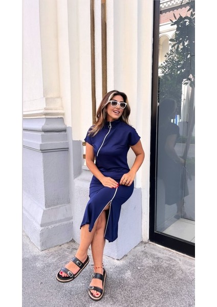 Kadın Kısa Kollu Yakadan ve Etekten Fermuarlı Midi Viskon Iki Iplik Elbise fiyatları