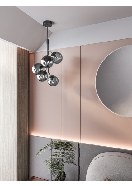 LUNO Modern Siyah Metal Gövdeli 5'li Füme Cam Küre Avize | Tavan Aydınlatma Avize Modeli fiyatları