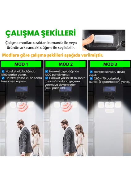 Güneş Enerjili 333 Ledli 4 Oynar Başlıklı Kumandalı Su Geçirmez Sensörlü Lamba