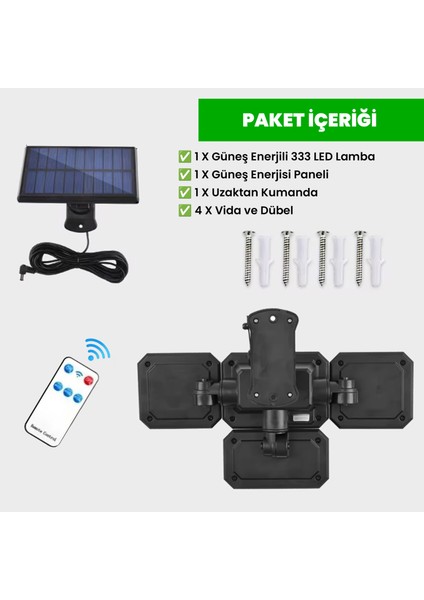 Güneş Enerjili 333 Ledli 4 Oynar Başlıklı Kumandalı Su Geçirmez Sensörlü Lamba