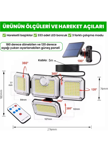 Güneş Enerjili 333 Ledli 4 Oynar Başlıklı Kumandalı Su Geçirmez Sensörlü Lamba
