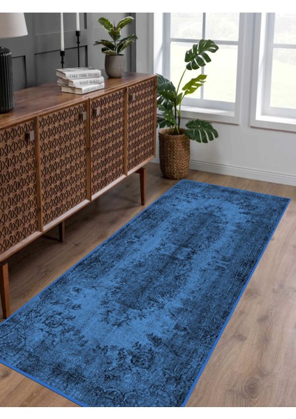 Vitage Mavi Eskitme Model Dokuma Taban Kilim