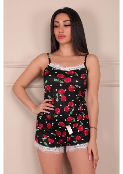 Kiraz Desenli Ip Askılı Şortlu Pijama Takımı Siyah