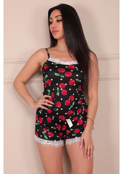 Kiraz Desenli Ip Askılı Şortlu Pijama Takımı Siyah fiyatları