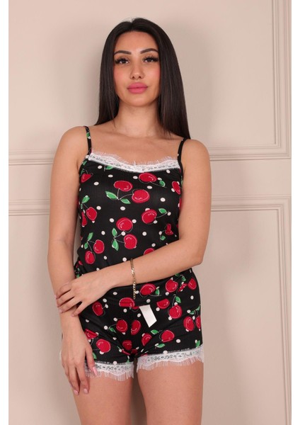 Kiraz Desenli Ip Askılı Şortlu Pijama Takımı Siyah modelleri