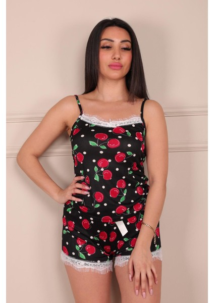 Kiraz Desenli Ip Askılı Şortlu Pijama Takımı Siyah fırsatları
