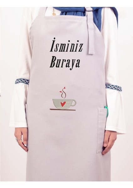 Mutfak Önlüğü Kişiye ve İsme Özel Nakışlı Mutfak Önlüğü Kalpli Kupa Farklı Renkler