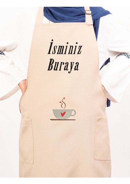Mutfak Önlüğü Kişiye ve İsme Özel Nakışlı Mutfak Önlüğü Kalpli Kupa Farklı Renkler