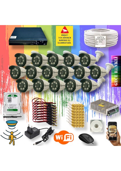 16 Kameralı Set - Gece Renkli Gösteren Hareket Algılayan 5 Mp Sony Lensli 1080p Full Hd Güvenlik Kamerası Seti 3908w