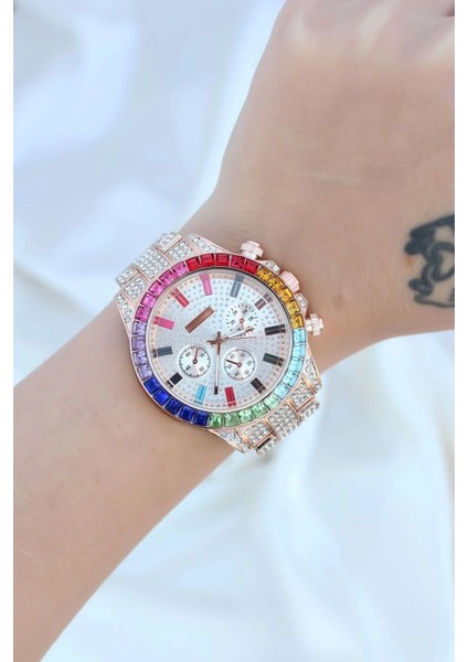 Clariss Trend Rose Metal Kordonlu Zirkon Taş Kaplama Renkli Taşlı Kasa Tasarımlı Lüx Kadın Kol Saati modelleri