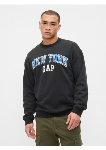 Erkek Siyah Gap Logo Grafikli Relaxed Fleece Sweatshirt