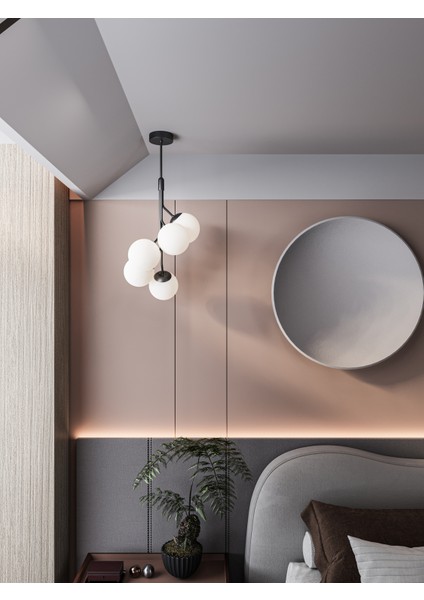 Ayza Modern Siyah Metal Gövdeli 5'li Beyaz Cam Küre Avize | Tavan Aydınlatma Avize Modeli