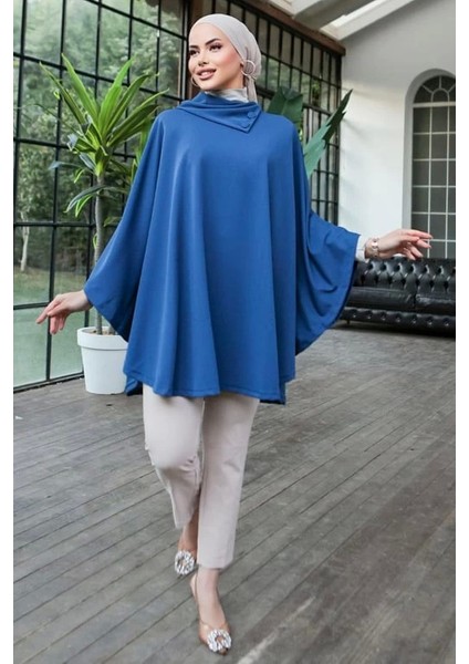 Düğme Detaylı Şık Tasarımlı Mavi Şal Yaka Panço fiyatları