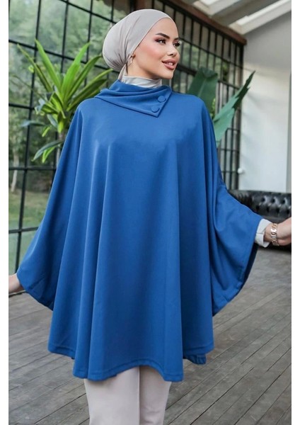 Düğme Detaylı Şık Tasarımlı Mavi Şal Yaka Panço modelleri