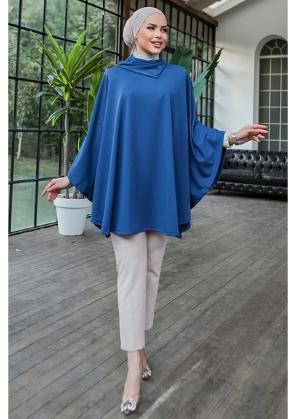 Düğme Detaylı Şık Tasarımlı Mavi Şal Yaka Panço fırsatları