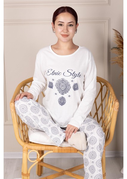 Etnik Desenli Uzun Kol Pijama Takımı
