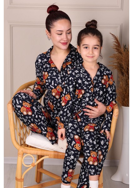 Ayıcık Desenli Süet Anne-Kız Pijama Takımı Lacivert