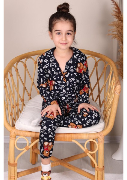 Ayıcık Desenli Süet Anne-Kız Pijama Takımı Lacivert modelleri