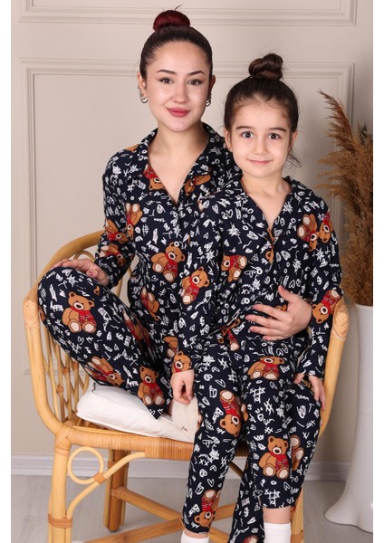 Ayıcık Desenli Süet Anne-Kız Pijama Takımı Lacivert fırsatları