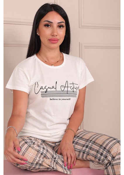 Kadın Casual Active Sloganlı Altı Ekose Desenli Kısa Kol Alt Uzun Pijama Takımı fiyatları