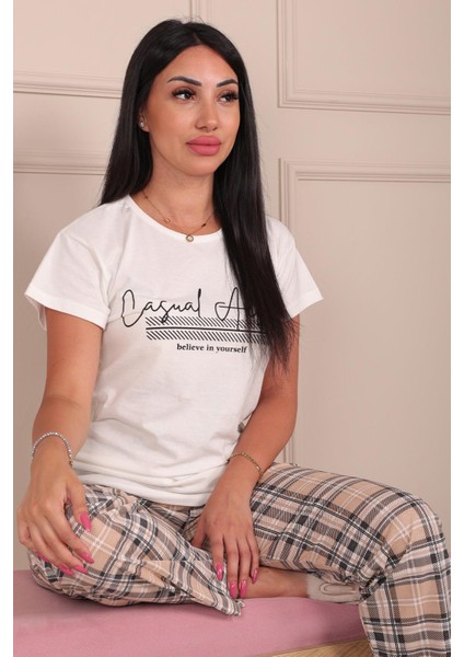 Kadın Casual Active Sloganlı Altı Ekose Desenli Kısa Kol Alt Uzun Pijama Takımı modelleri