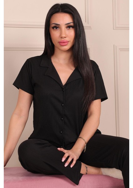 Düğmeli Kısa Kol Pijama Takım Siyah