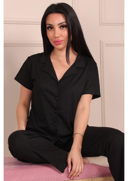 Düğmeli Kısa Kol Pijama Takım Siyah fiyatları