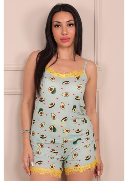 Kadın Avokado Desenli Ip Askılı Şortlu Pijama Takımı Mint