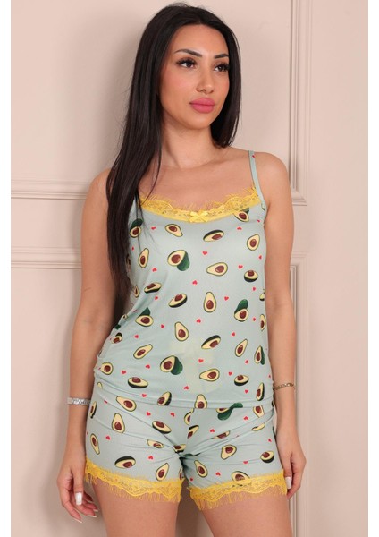 Kadın Avokado Desenli Ip Askılı Şortlu Pijama Takımı Mint fiyatları