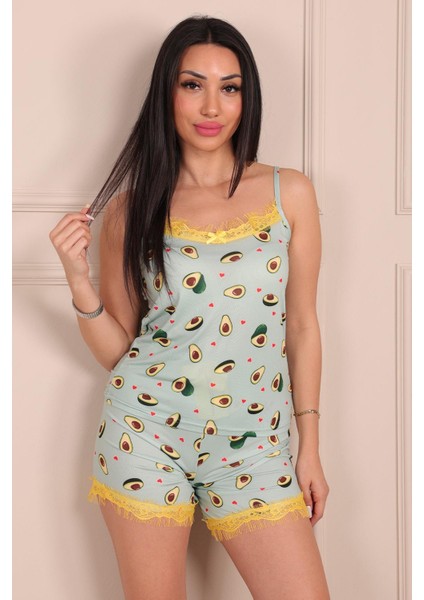Kadın Avokado Desenli Ip Askılı Şortlu Pijama Takımı Mint fırsatları
