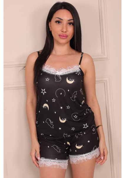 Kadın Kedi Desenli Şortlu Milan Pijama Takım Siyah