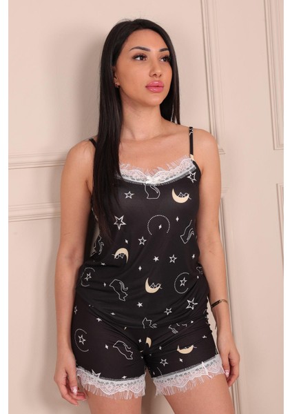 Kadın Kedi Desenli Şortlu Milan Pijama Takım Siyah fiyatları