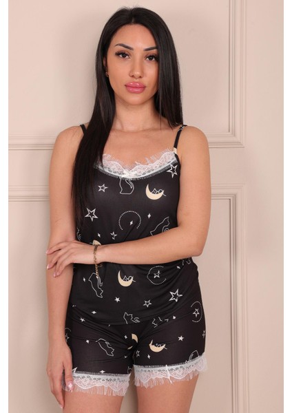 Kadın Kedi Desenli Şortlu Milan Pijama Takım Siyah modelleri