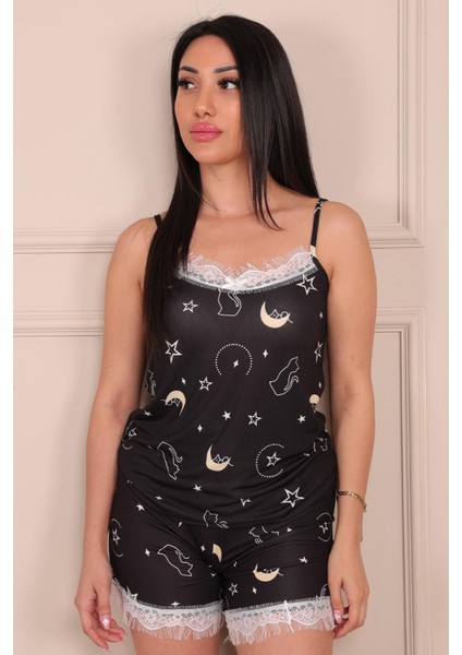 Kadın Kedi Desenli Şortlu Milan Pijama Takım Siyah fırsatları