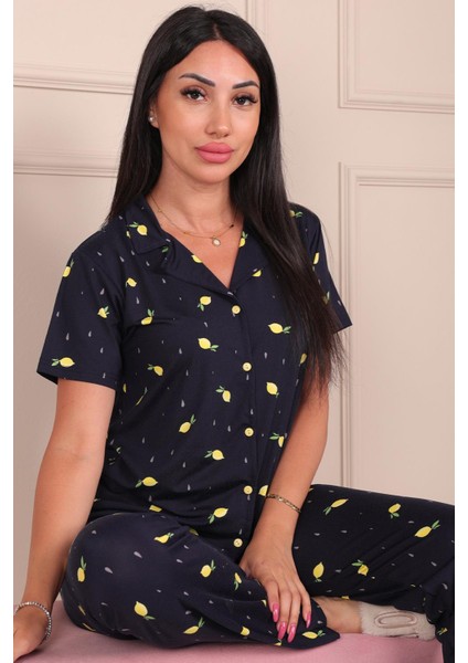 Kadın Maskülen Yaka Limon Desenli Altı Uzun Milan Kumaş Pijama Takımı Lacivert