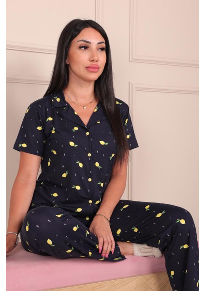 Kadın Maskülen Yaka Limon Desenli Altı Uzun Milan Kumaş Pijama Takımı Lacivert fiyatları