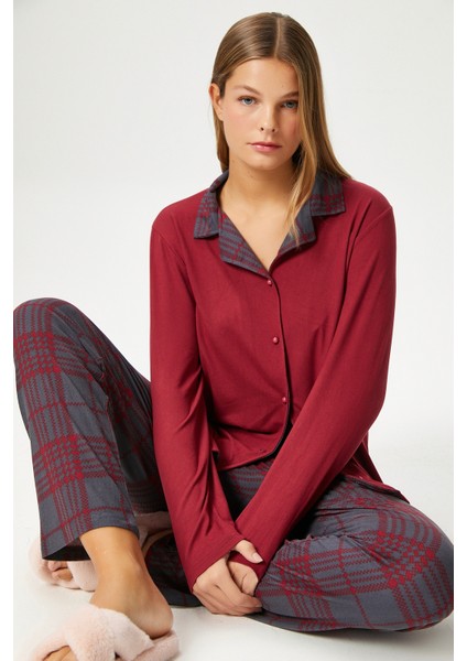 Kadın Efsa Ekose Extra Soft Bordo Antrasit Pijama Takım