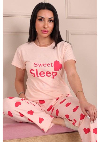 Kadın Sweet Sleep Sloganlı Bisiklet Yaka Kısa Kol Altı Uzun Penye Pijama Takımı