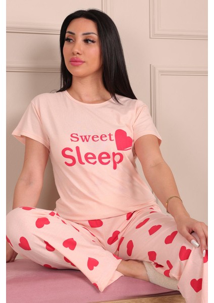 Kadın Sweet Sleep Sloganlı Bisiklet Yaka Kısa Kol Altı Uzun Penye Pijama Takımı fiyatları