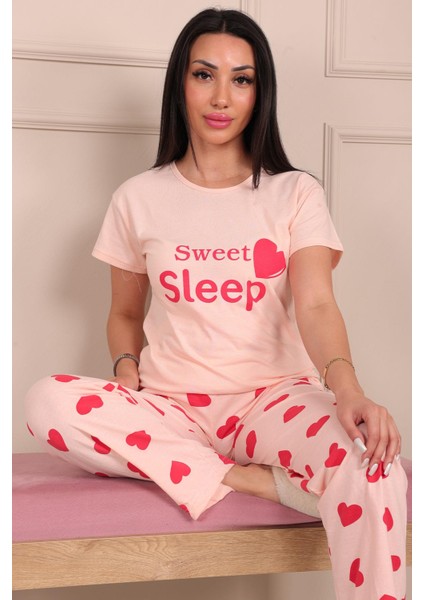 Kadın Sweet Sleep Sloganlı Bisiklet Yaka Kısa Kol Altı Uzun Penye Pijama Takımı fırsatları