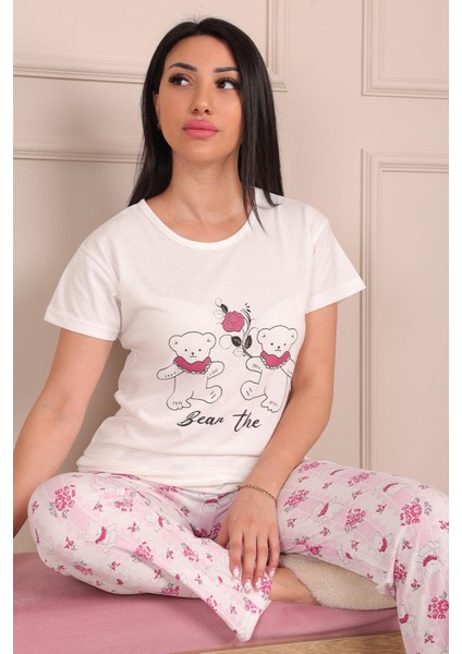 Kadın Ayıcık Desenli Bisiklet Yaka Kısa Kollu Altı Uzun Penye Pijama Takımı