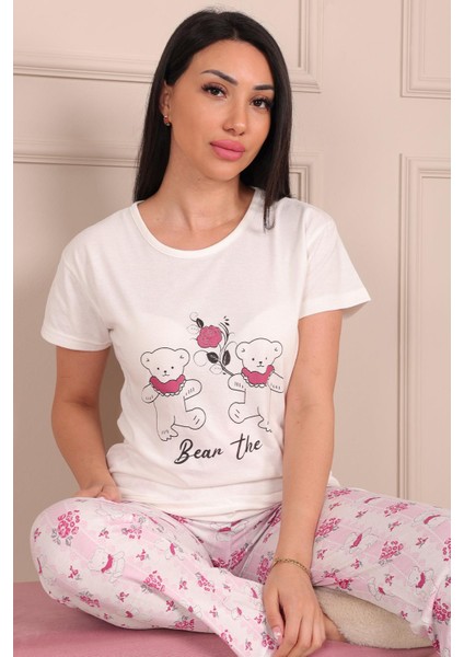 Kadın Ayıcık Desenli Bisiklet Yaka Kısa Kollu Altı Uzun Penye Pijama Takımı fiyatları