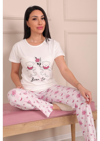 Kadın Ayıcık Desenli Bisiklet Yaka Kısa Kollu Altı Uzun Penye Pijama Takımı modelleri