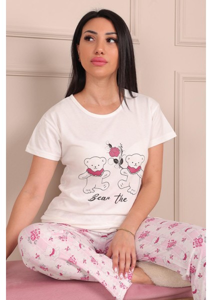 Kadın Ayıcık Desenli Bisiklet Yaka Kısa Kollu Altı Uzun Penye Pijama Takımı fırsatları